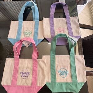 Trader Joe's Canvas Mini Tote Bag Set- Pink, Green, Blue, Purple, NWT